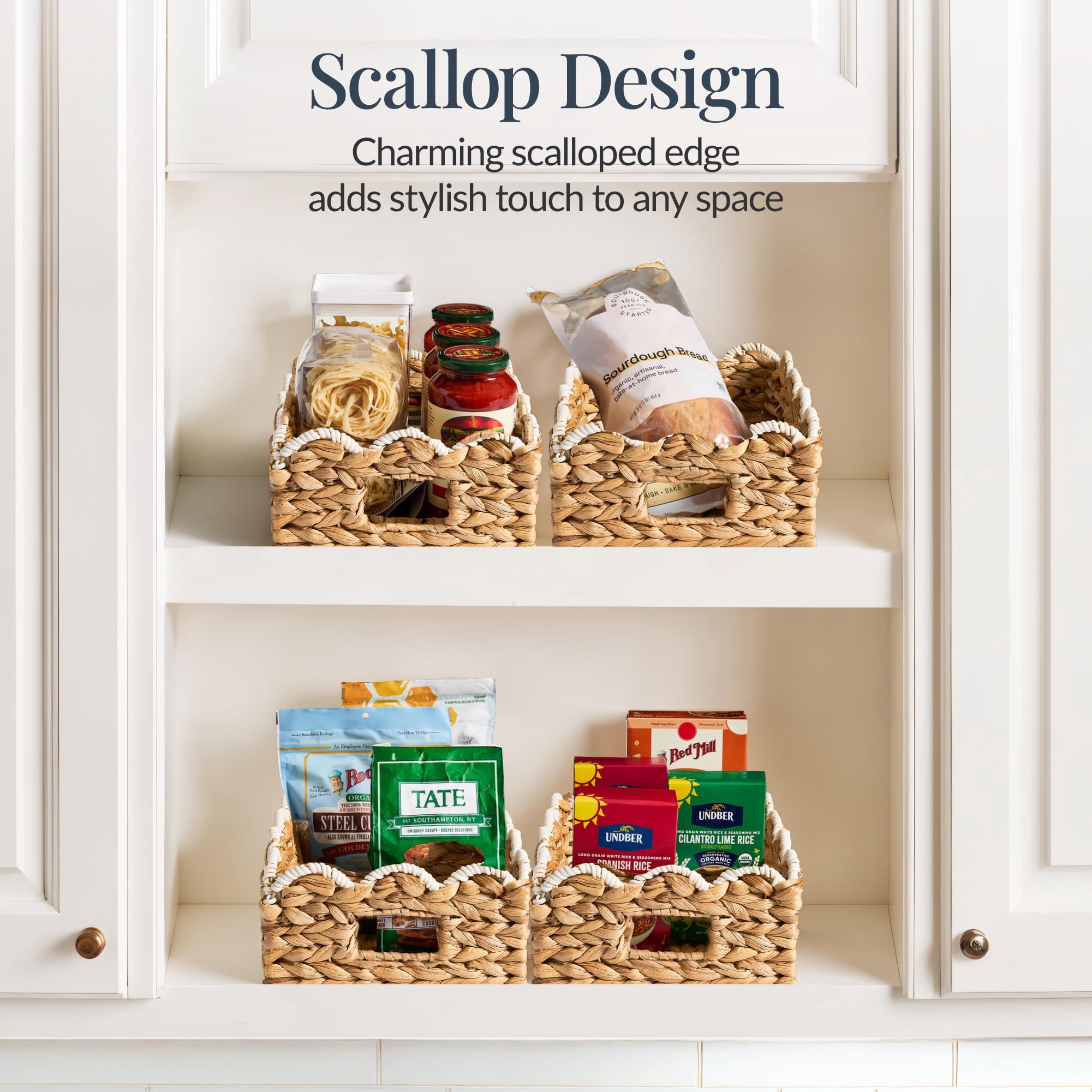 Best Choice Products 9x12 Scalloped Shelf Baskets, Woven Storage Bins, 4 Pack - Natural with White Trim