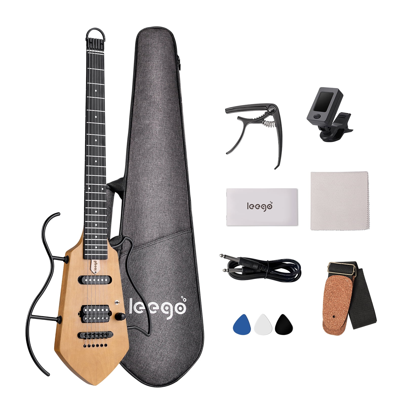 Compact Electric Guitar, Small Lightweight Headless Guitar for Travel and Practice, Portable Solid Body Easy Assemble Stands wtih Gig Bag, Natural