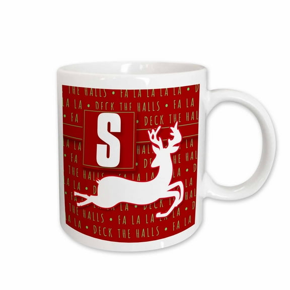 3drose, Letter S Monogram Christmas White Reindeer Deck the Halls Theme, 11oz Mug