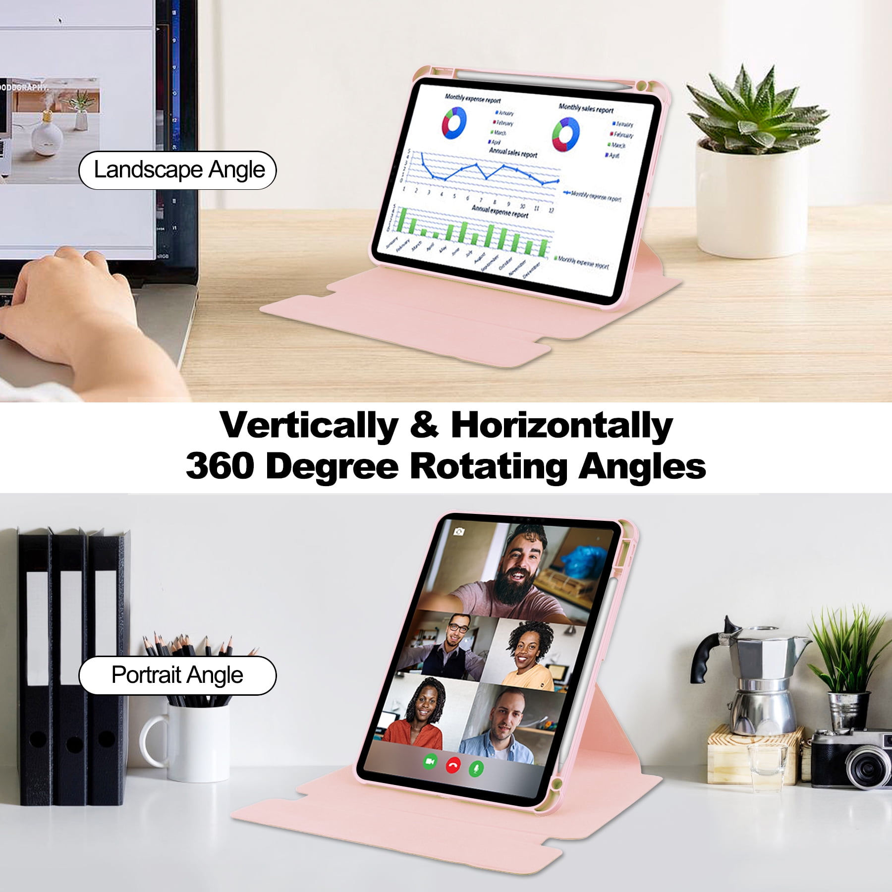 TECH CIRCLE Tablet Case for Apple iPad Air 11" (2024), 360 Degree Rotating Stand /Auto Sleep Sake /Magnetic Closure /Pencil/Stylus Holder /Full Coverage Protection, PU Leather Folio Case, Pink