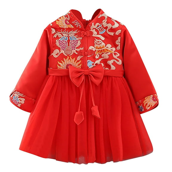 HNMKIU Warm Lined Chinese Hanfu Dress For Toddler Girls Embroidery Tang Suit New Year Performance Red,3-6 Months