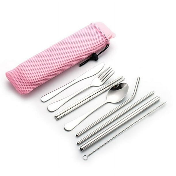 Cubiertos para acampar, cubiertos para viajes al aire libre de 8 piezas, cubiertos para senderismo, juego de cubiertos para picnic con cuchillo, tenedor, cuchara, palillos, pajitas de
