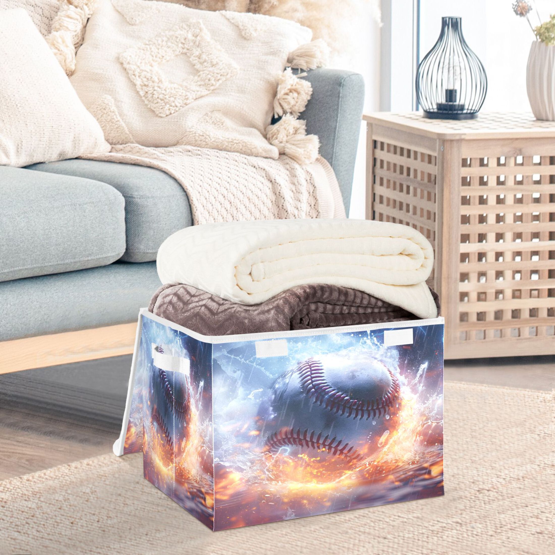 Ryvnso Baseball on Fire Large Lidded Foldable Storage Baskets Cubes Boxes Lids Bin for Home