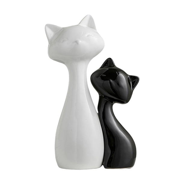 Figuras de gato en pareja, adorno de escritorio, figura coleccionable, estatua de cerámica para el hogar. S Negro L Blanco