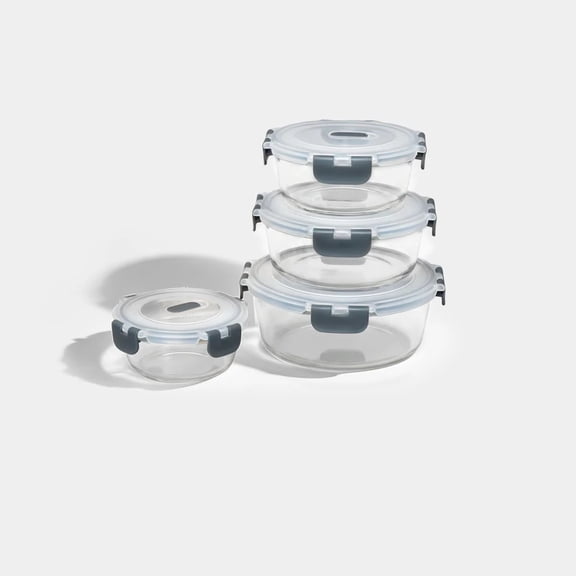 Genicook 8pc Square Borosilicate Glass Container with Vented Lid Set, Microwavable, Dark Grey (4 Containers w/ Lids)