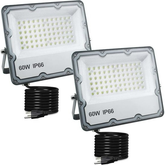 Ouside 2 Pack 60W Led Outdoor Flood Light, Exterior Flood Lights, Plug in Flood Light, for Yard, Stadium, Playground, Lawn,Garden, Garages,Basketball Court