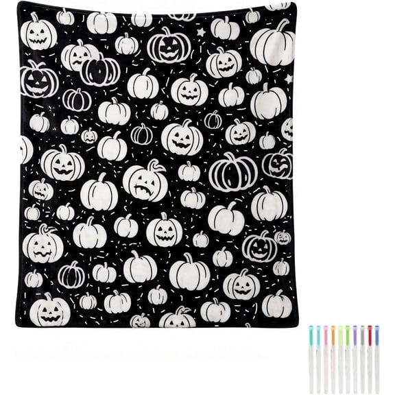 DIY Coloring Jack O Lantern Blanket, Halloween Flannel Throw with Paint Pens for Sofa & Bed