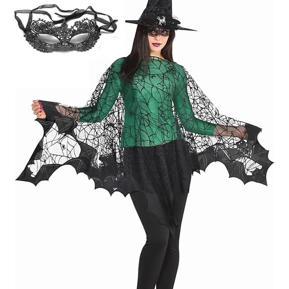 Women's Halloween Costume Cloak Set - Gothic Spider Web Lace Poncho with Eye Mask OR Cute Pumpkin Cape with Tote Bag, Adult Cosplay Dress-Up Accessories