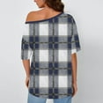 thumbnail image 6 of Htigea Off Shoulder Tops for Women Plaid Short Sleeve Shirt Casual Loose Fit Blouse Summer Tunic Tops for Holiday Party Blue L, 6 of 6