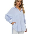 thumbnail image 2 of Womens Striped Button Down Shirts Long Sleeve Tunic Tops Blue S, 2 of 9