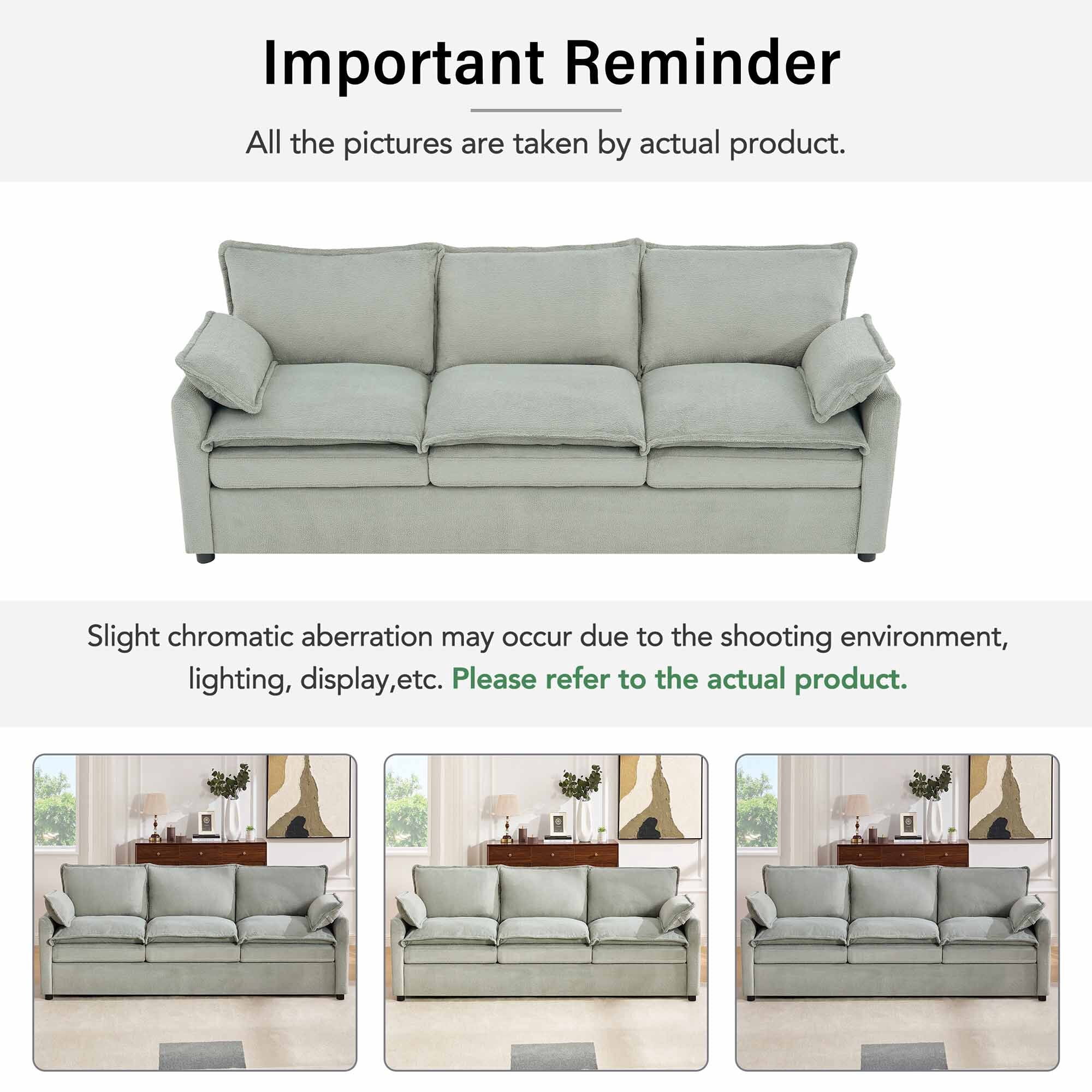 Lunale 3-Seater Sofa with Storage Pockets, Modern Cloud Couch for Living Room, Green Chenille