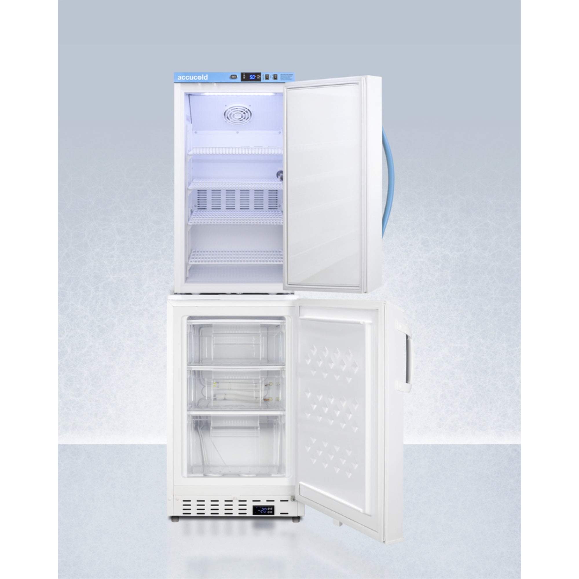 Stacked vaccine refrigerator-freezer combination