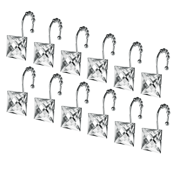 Luxury Square Clear Crystal Shower Curtain Hooks, Diamond Rhinestone Bling Rings with Glide Balls, Rust-Proof Metal Hooks Set of 12