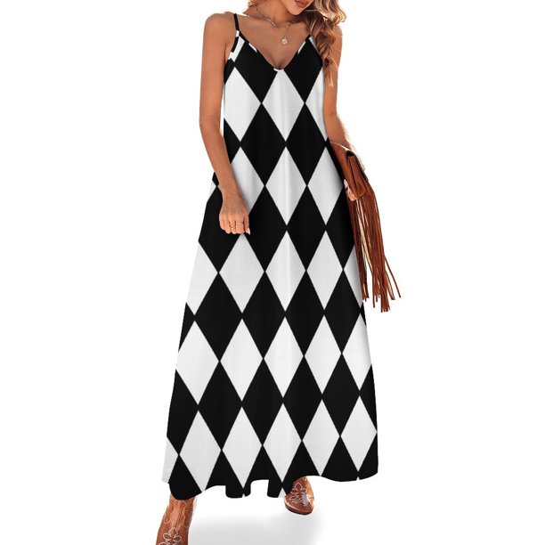 Vestido sin mangas con estampado de arlequín en contraste en blanco y negro, vestidos elegantes para mujer, vestidos de fiesta para mujer en oferta