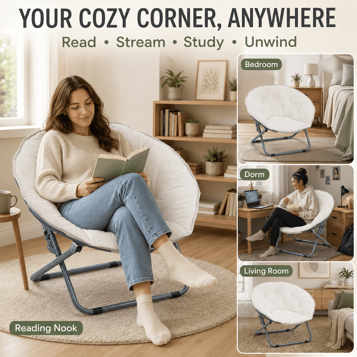 CLOUDREST PRO Soft Plush Folding Saucer Chair for Adults, Padded Round Lounge Seat, Metal Frame, 300 lb Capacity, White