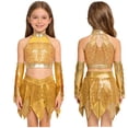 thumbnail image 5 of SiiRoh Kids Girls Shiny Sequins Crop Top with Metallic Skirt with Gloves Cheer Uniform Jazz Latin Dance Outfits Gold 14, 5 of 6