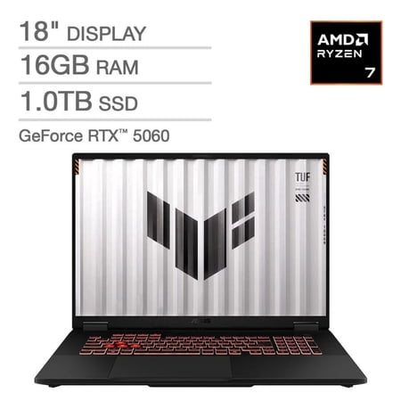 ASUS TUF 18" Gaming Laptop, AMD Ryzen 7 260, 16GB RAM, 1TB SSD, NVIDIA GeForce RTX 5060 8GB, FHD+ 144Hz Display, Windows 11 Home, Gray, FA808UM-IS74