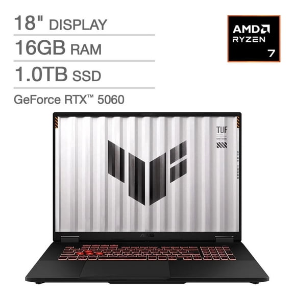 ASUS TUF 18" Gaming Laptop, AMD Ryzen 7 260, 16GB RAM, 1TB SSD, NVIDIA GeForce RTX 5060 8GB, FHD 144Hz Display, Windows 11 Home, Gray, FA808UM-IS74