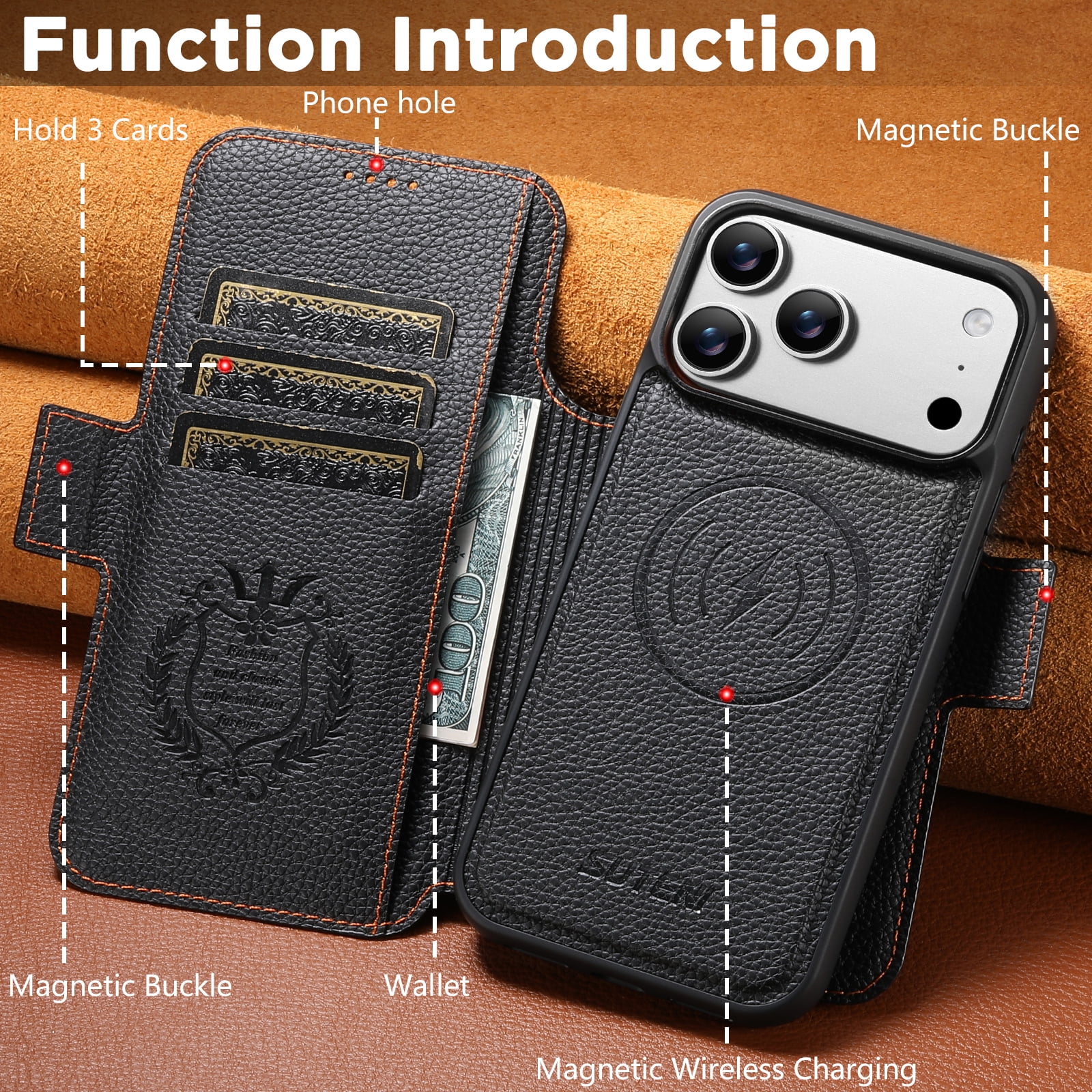Dteck for iPhone 17 Pro Max Detachable Wallet Case with Card Holder, 2 in 1 PU Leather Flip Folio Stand Shockproof Phone Cover 6.9 Inch 2025,Orange
