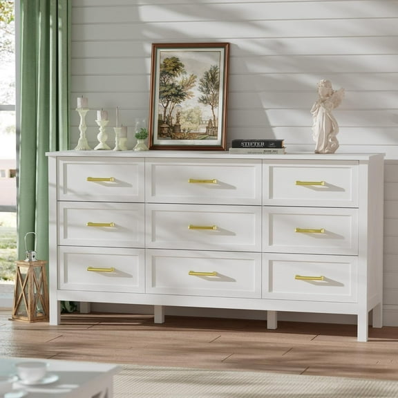 LYNSOM Farmhouse 9 Drawers Dresser for Bedroom, 55" Wide Wood Rustic Chest of Drawers with Natural Texture, Metal Handle, Storage Dressers Organizer for Entryway, Hallway, White