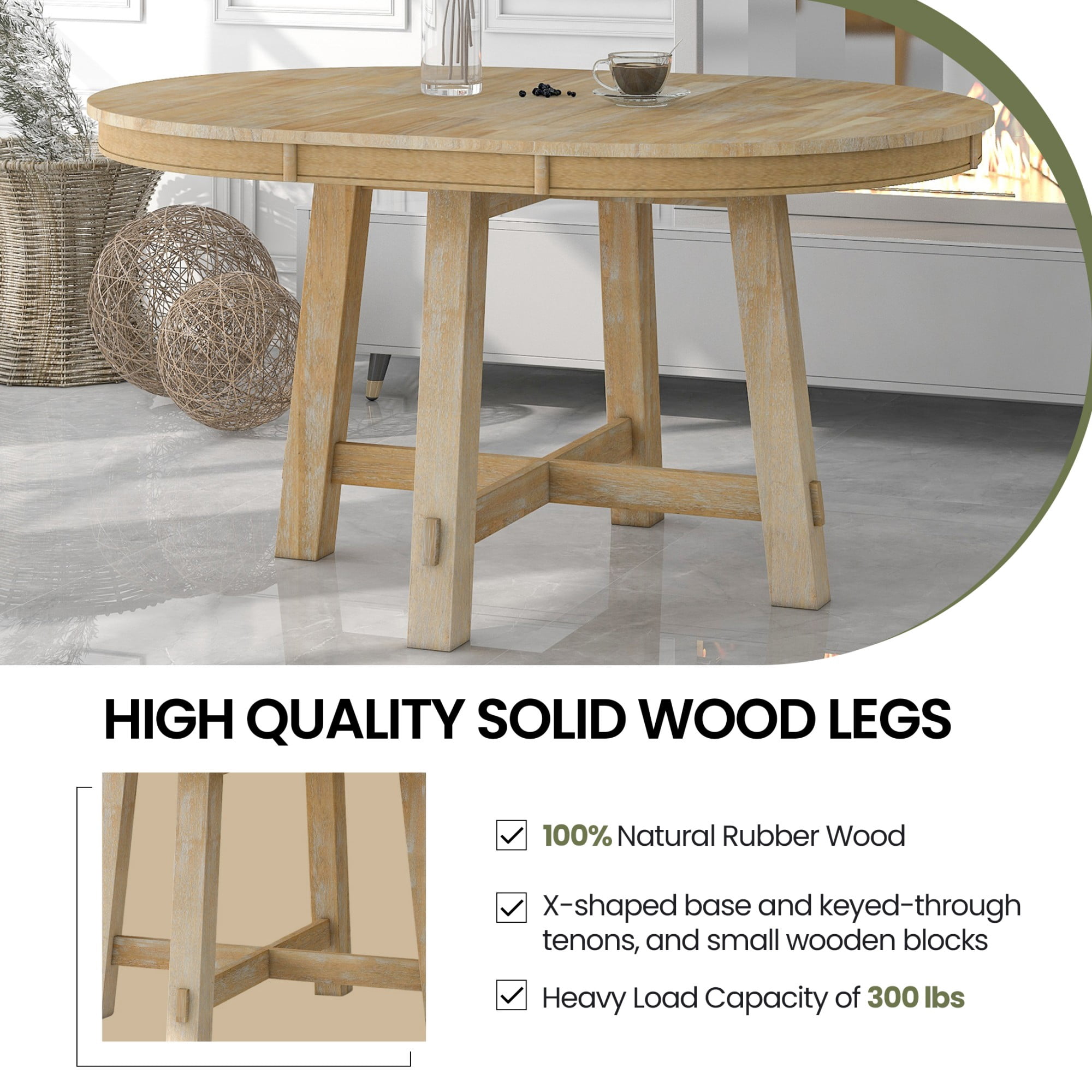 Aukfa Dining Table for 4-6, 42"-58" Extendable Round Kitchen Table with 16" Rustic Drop Leaf for Dining Room/Living Room, Natural Wood