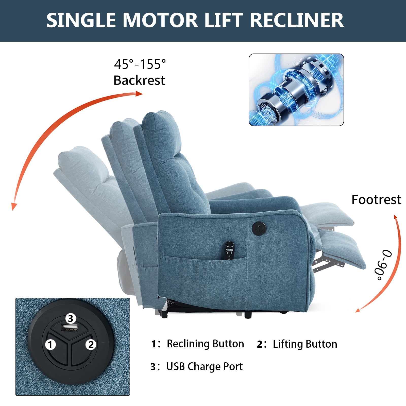 Power Lift Recliner Chair with Massage and Heat for Elderly, Heavy Duty Single Motor Lift Chair with USB Port, Easy-Clean Chenille Fabric, No Tools Assembly in One Box, Max 155° Reclining