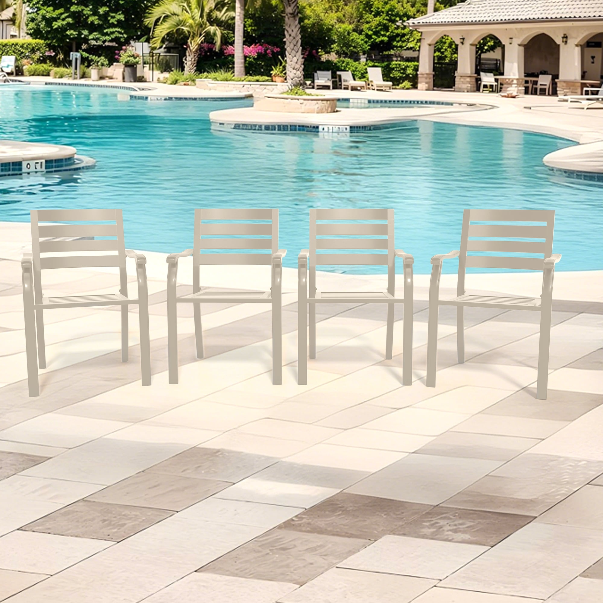 Metal Terrace Dining Chairs Set of 2 Cream Metal Side Chairs for Garden Terrace Poolside Outdoor Dining, Cream