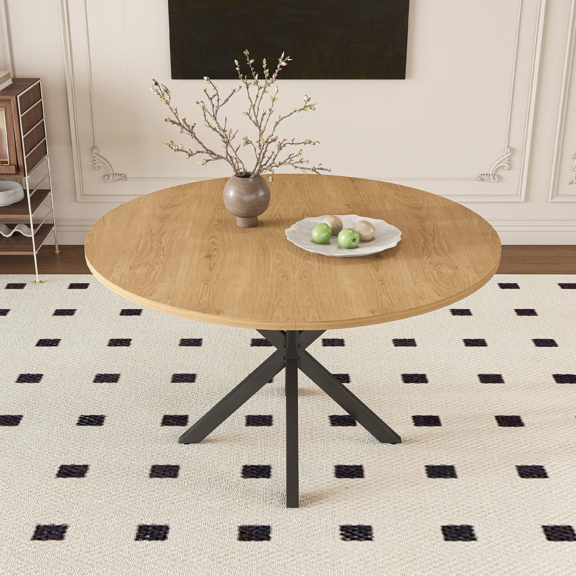 AENKYO 42"-58" Expandable Round Dining Table, Natural Wood Color Top & Black X-Base Pedestal, Seats 4-6