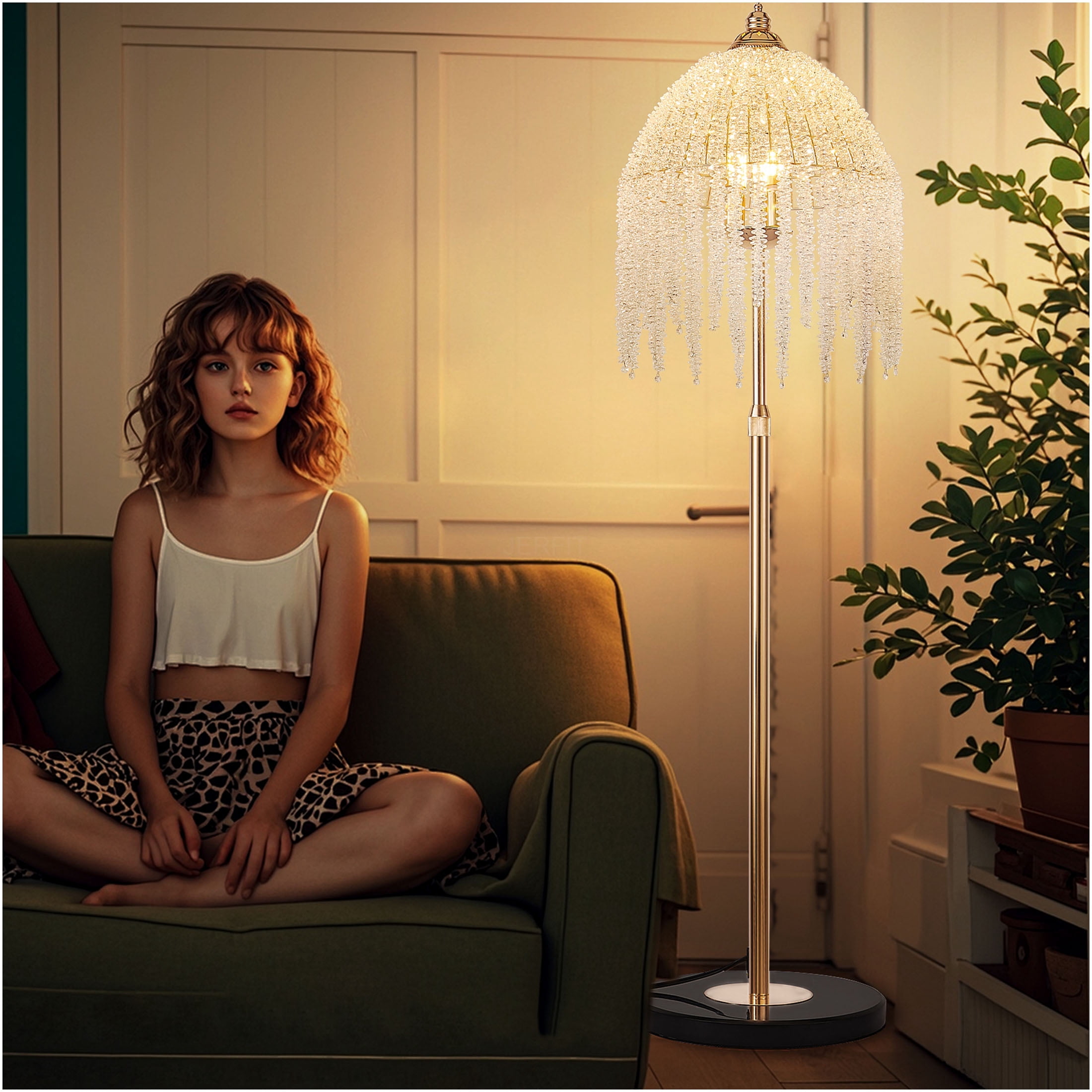 JERFIT 3-Light Crystal Floor Lamp with Waterfall Beads, Vintage Gold Iron Floor Light for Living Room, Bedroom, Office Decor, Plug-in with Foot Switch, No Bulbs Included