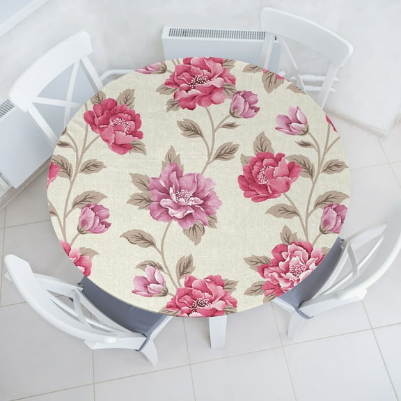 Ambesonne Floral Fitted Round Tablecloth, Spring Flowers Vintage Plot, 36"- 40" Diameter, Pastel Pink and Pale Sepia