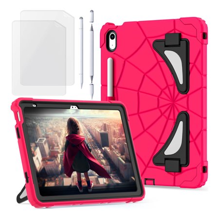for iPad A16 2025/iPad 10.9 (10th generation) 2022 Case with Bulit-in Kickstand, Screen Protector & Stylus Pen, Soft Silicone & Hard PC 2in1 Hybrid Rugged Spider Armor Protective Cover Kids Man