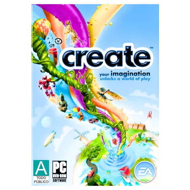 videojuego ar pc create ea sports portada para PC con el título "create" en primer plano, ilustración en espiral de elementos creativos visibles (globo aerostático, tigre, molino de viento, casas, río y objetos coloridos) sobre fondo de cielo azul, iconos de compatibilidad PC y logotipo de Electronic Arts.