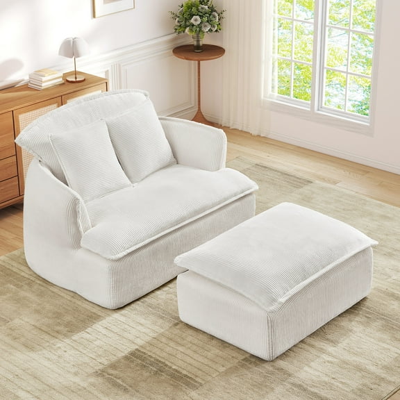 Timbernest Accent Chair with Ottoman, 47" Oversized Chaise Lounge Chair, Modern Corduroy Upholstered Armchair for Living Room, Dorm, Small Space, Beige