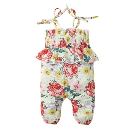 

Binpure Baby Girl Summer Suspender Jumpsuit Floral Knotted Spaghetti Straps Elastic Bust Bodysuit Romper