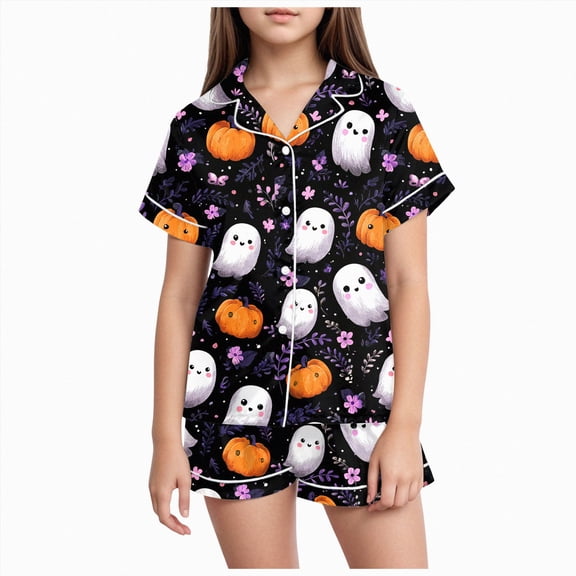 Kakishop Kids Halloween Pajamas Set Pumpkin Ghost Print Short Sleeve 2 Piece,Yellow