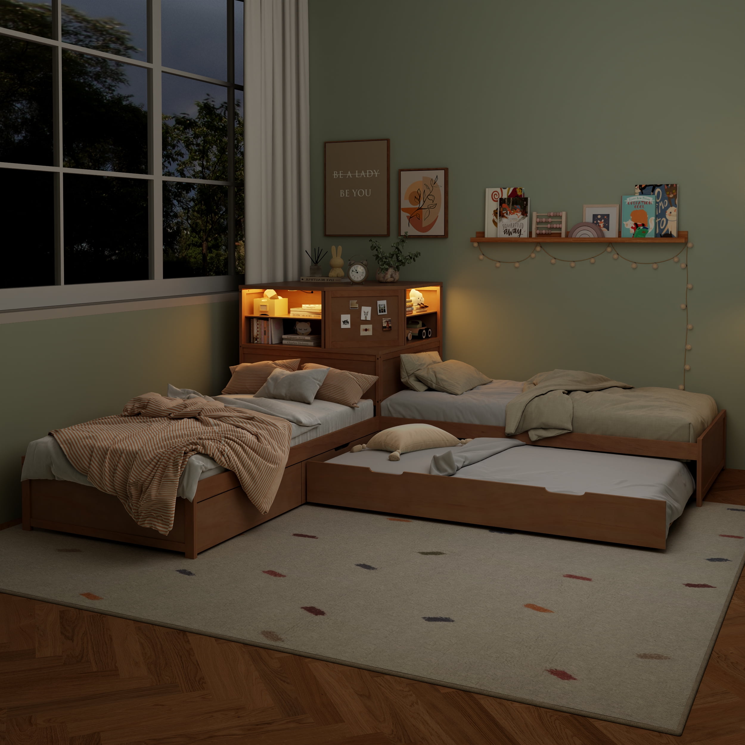 EUROCO Wood L-Shaped Twin Platform Bed with Trundle and Drawers, L Shaped Bed with Desk and LED Light for Kids Teens Bedroom, Natural