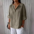 thumbnail image 2 of Dezsed Summer Linen Shirts for Women Button Down V Neck 3/4 Sleeve T-Shirt Blouse Casual Loose Basic Solid Tunic Tops Khaki 3XL, 2 of 7