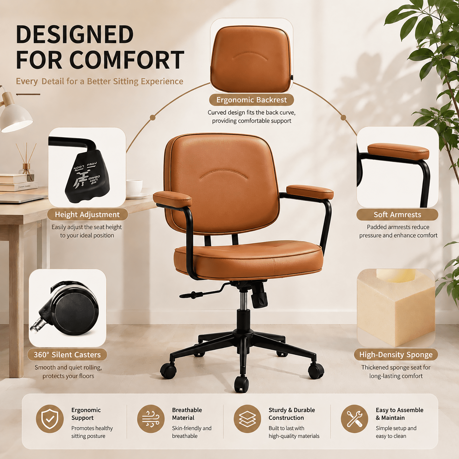 Ergonomic Office Chair, PU Leather Executive Desk Chair with Fixed Armrests, Adjustable Height, Rocking Function, 360° Swivel Rolling Wheels Brown