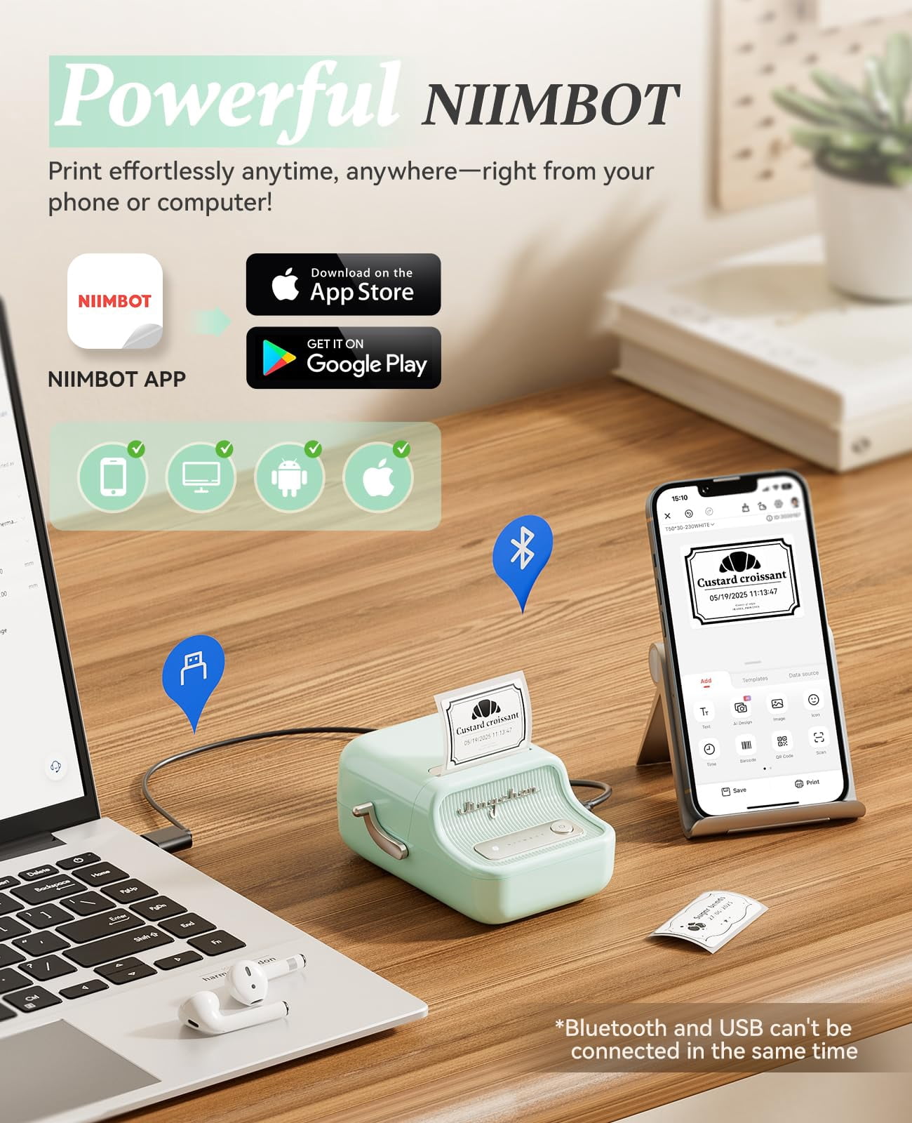 NIIMBOT B21 Label Maker Machine with Tape，2 Inch Inkless Sticker Printer Thermal Labeler for Price Address Label for Home Storage Office and Small Business,Mint Green