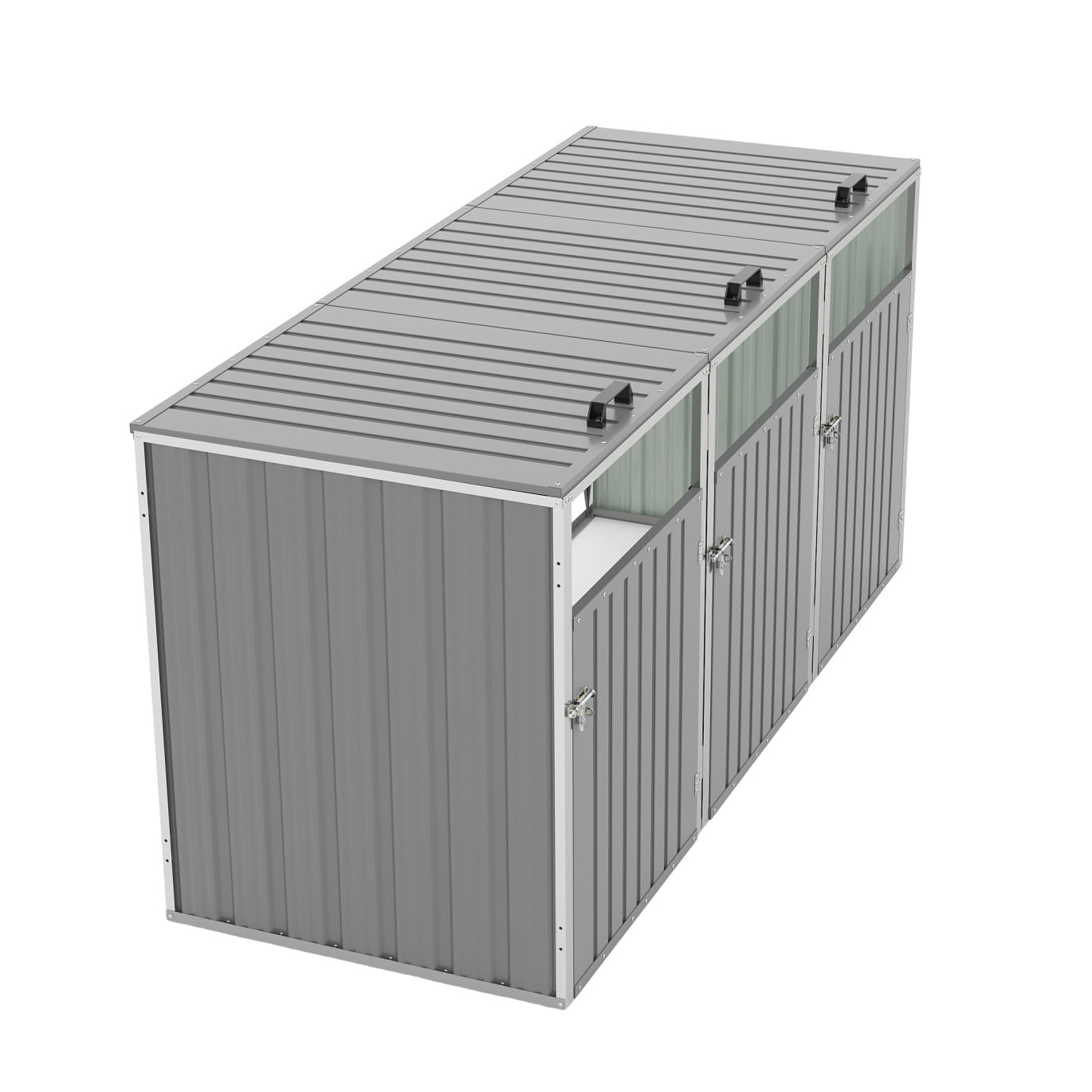 Outdoor Trash Can Storage Shed, 120 Cu.Ft Metal Garbage Bin Storage Shed with Lockable Doors, Waterproof Horizontal Storage Cabinet for 3 Trash Bins, Light Gray