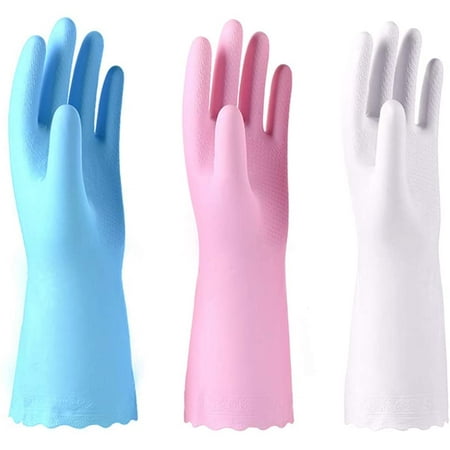 

3 Pack Reusable Cleaning Gloves Latex Free - Dishwashing Gloves with Cotton Flock Liner and Embossed Palm - Waterproof Household Gloves for Laundry Gardening