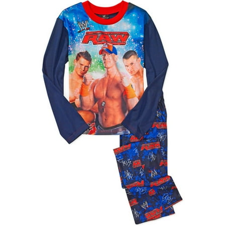 Departments Whether the night is chilly or warm, he'll feel comfy wearing these boy's pajamas by WWE. The crew neck pajama shirt has colorblock short sleeves, while the front features Batista, Roman Reigns and John Cena. He can pair this colorful shirt with the slim fit solid shorts or the relaxed fit pajama pants with coordinating WWE Superstar graphics.