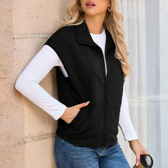 TrdSipl Women's Vest Tops 2025 Zip Up Cap Sleeve Jacket 2025 Winter Waffle Knit Coats with Pockets Casual Oversized Sleeveless Vests Black M