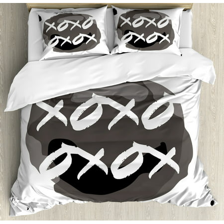 Xo Duvet Cover Set, Circular Formless Shaped Hugs and Kisses Message with Ink Drops Design Print, Decorative Bedding Set with Pillow Shams, Charcoal Grey Black, by