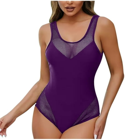 Bigersell Mesh One-Piece Bathing Suit for Women High Cut 1 Piece Swimsuit Solid Modest One-Piece Swimsuits Beach Vacation Swimwear  Style SW-40  Purples  L