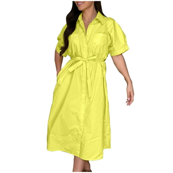 Oplxuo Womens Summer Beach 2025 Casual Midi Dresses V Neck Collared Short Sleeve Button Down Shirt Belted Dress with Pockets