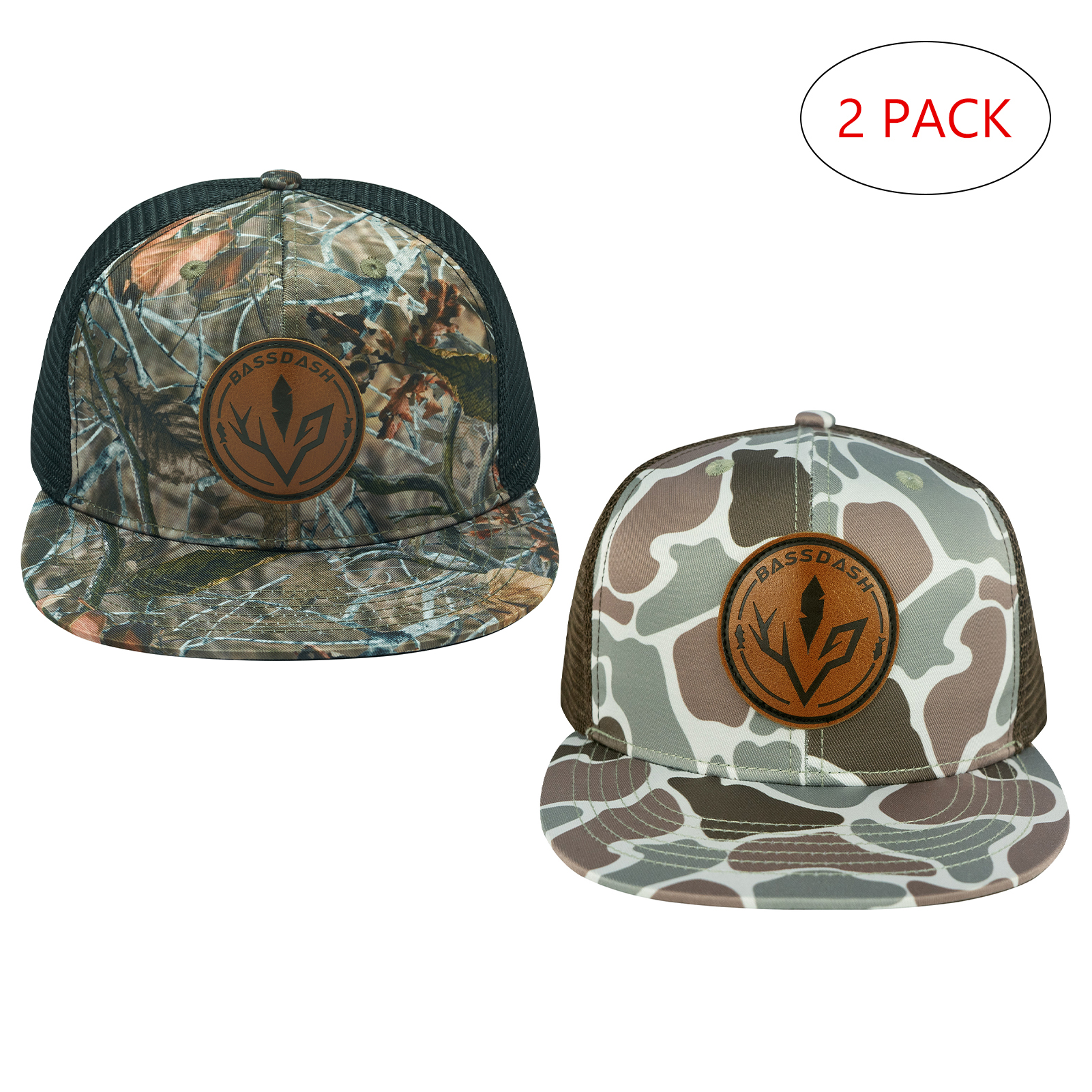 BASSDASH 2 Pack Flat Brim Trucker Cap Adjustable Snapback Hat Mesh Back For Men Women Fishing Hunting