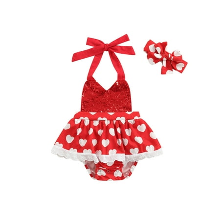 

Baby Girls Valentine s Day Romper Dress Heart Print Sequins Lace Splicing Halter Jumpsuit + Headwear