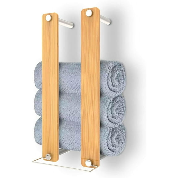 Bamboo Towel Rack, 17 Inch - Over The Toilet Storage Organizer, Holds 3 Large & 5 Small Bath Towels, Roll Up Towel Holder for Bathroom，Space Saving Bathroom Organizer