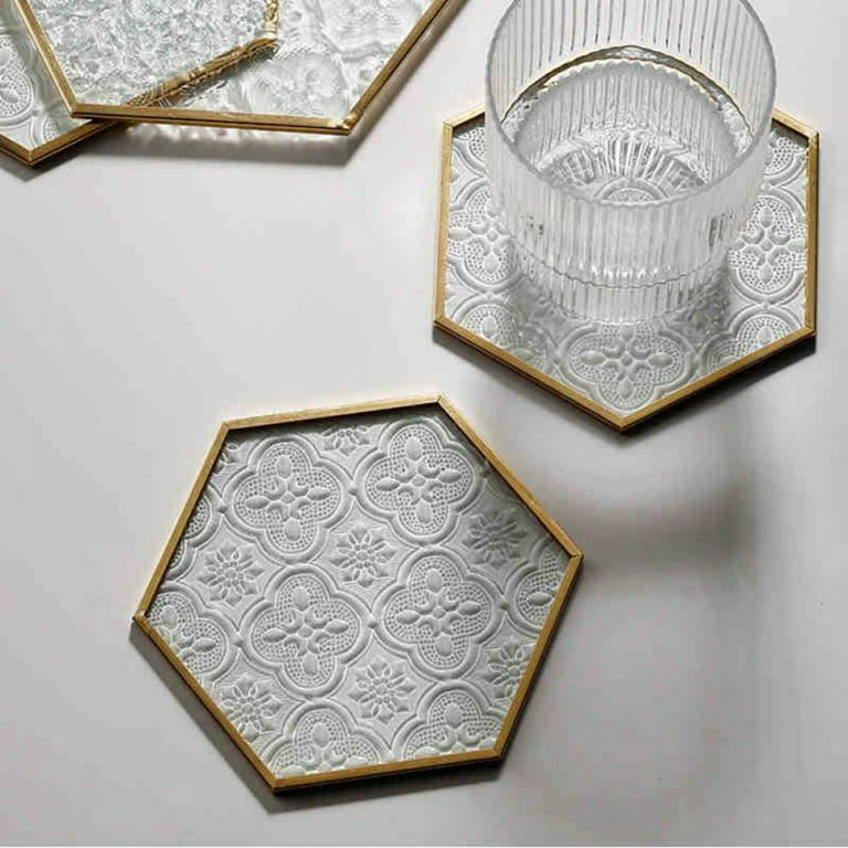 Glass Coaster for Drinks, Cup Coaster Set with Carved Glass Stylish